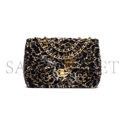 CHANEL FLAP BAG SEQUINS & GOLD-TONE METAL GOLDEN & BLACK AS4561 (21*14*8cm)
